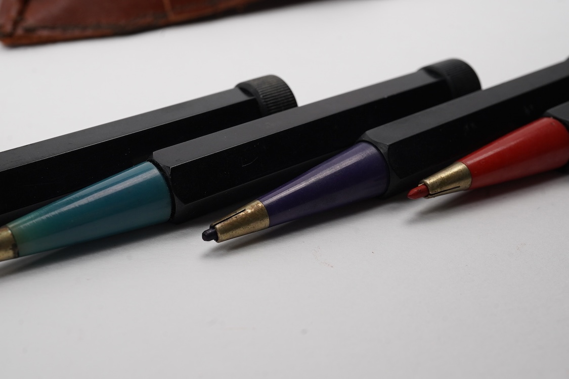 A set of four colour coded pencils in hexagonal form with different coloured sections, German - Montblanc?